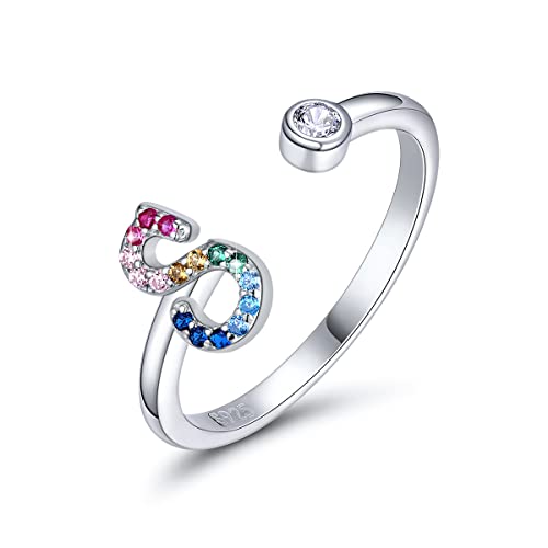 SIMPLGIRL Initial Ringe 925 Sterling Silber Buchstaben Ringe Verstellbarer Regenbogen Alphabet Ring mit Farbiger Zirkonia für Damen Mädchen, Initial Buchstabe S von SIMPLGIRL