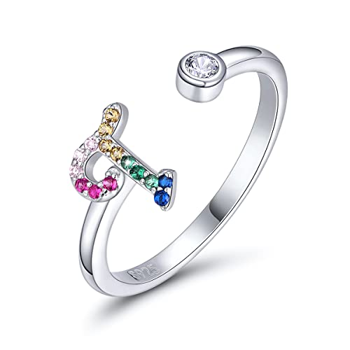 SIMPLGIRL Initial Ringe 925 Sterling Silber Buchstaben Ringe Verstellbarer Regenbogen Alphabet Ring mit Farbiger Zirkonia für Damen Mädchen, Initial Buchstabe T von SIMPLGIRL