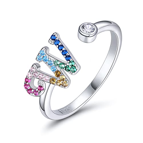 SIMPLGIRL Initial Ringe 925 Sterling Silber Buchstaben Ringe Verstellbarer Regenbogen Alphabet Ring mit Farbiger Zirkonia für Damen Mädchen, Initial Buchstabe W von SIMPLGIRL