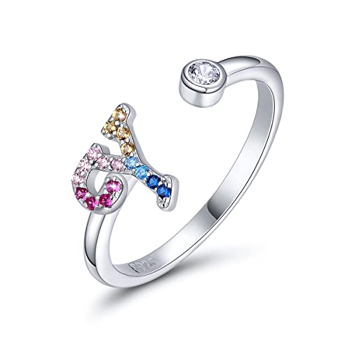 SIMPLGIRL Initial Ringe 925 Sterling Silber Buchstaben Ringe Verstellbarer Regenbogen Alphabet Ring mit Farbiger Zirkonia für Damen Mädchen, Initial Buchstabe Y von SIMPLGIRL