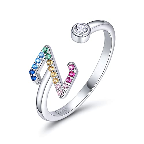 SIMPLGIRL Initial Ringe 925 Sterling Silber Buchstaben Ringe Verstellbarer Regenbogen Alphabet Ring mit Farbiger Zirkonia für Damen Mädchen, Initial Buchstabe Z von SIMPLGIRL