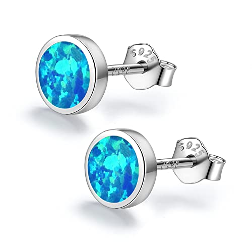 SIMPLOVE Blaue Opal Ohrstecker, 925 Sterling Silber Kleine Runde 7mm Mode Geschenk Schmuck Hypoallergen Ohrringe Damen Mädchen für Muttertag"MEHRWEG von SIMPLGIRL