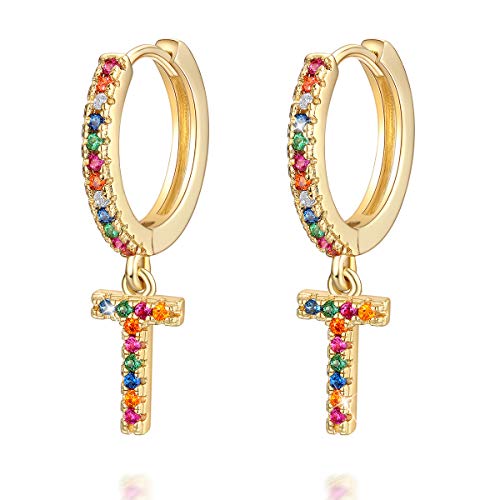 T Buchstaben Ohrringe Creolen Mädchen Damen Kinder 14K gold Regenbogen Zirkonia Anfängliche baumelnde Klein Huggie Ohrringe Schmuck von SIMPLGIRL