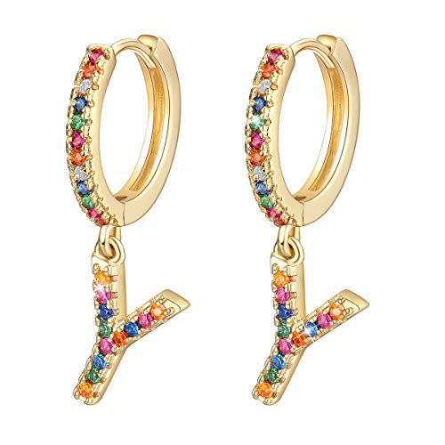 SIMPLGIRL Creolen mit Initialen für Frauen Mädchen 14 Karat echt vergoldet Bunte Zirkonia Personalisierte Regenbogen-Buchstabe Y Huggie-Ohrringe Geschenk für Sie von SIMPLGIRL