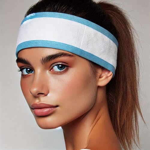 Simplisa® Einweg-Stirnbänder für Spa, Gesichtsbehandlung, Salon, Make-up und Schönheitssalons, weiches und bequemes Design mit Klettverschluss, 61 x 7,6 cm, Weiß, Blau, 25 Stück von SIMPLISA