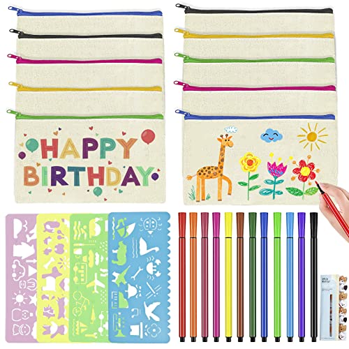 SIMSPEAR 10 Stück Leinwand Federmäppchen zum Bemalen, Stoffbeutel Mäppchen zum Bemalen mit 12 Buntstift, 4 DIY Malschablonen und Haftnotizen für Basteln Kindergeburtstag Kosmetiktasche Aufbewahrung von SIMSPEAR