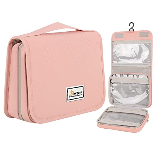 SIMTOP Kulturtasche Zum Aufhängen,Travel Essentials Kulturbeutel Toiletry Bag Wasserdicht Reise Kosmetiktasche Make up Tasche mit 3 Fächern Faltbare kompakte Größe für Damen (Rosa) von SIMTOP