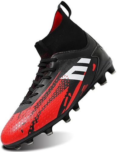 SIN0ES CX90500 Fußballschuhe Herren High Top Stollen Spikes Cleats Trainingsschuhe Professionelle Fussballschuhe Outdoor Sport Football Schuhe Schwarz Rot Gr.42 von SIN0ES