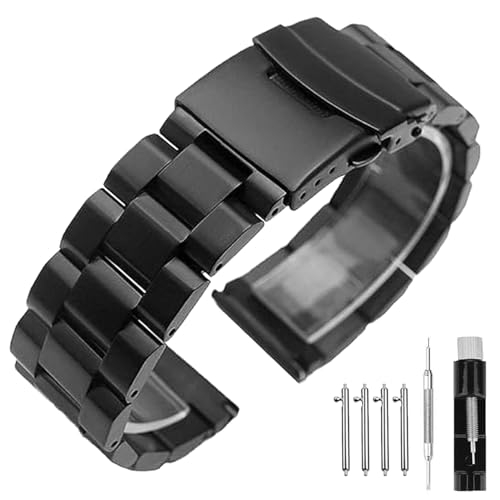SINAIKE Schnellverschluss 24 mm Uhrenarmbänder Metallarmband für Damen und Herren Gebürstetes schwarzes Edelstahlarmband Uhrenarmbänder mit Doppelschließe von SINAIKE