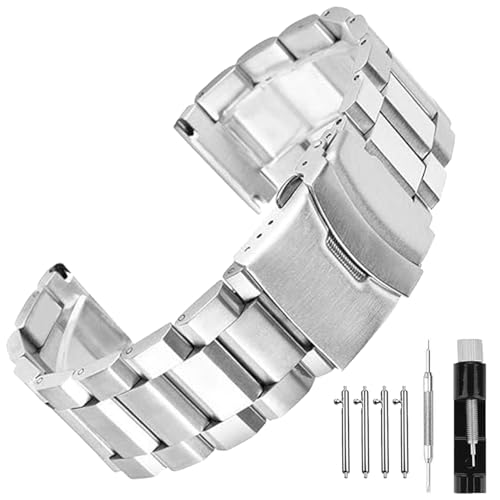 SINAIKE Schnellverschluss 24 mm Uhrenarmbänder Metallarmband für Damen und Herren Massives gebürstetes silbernes Edelstahlarmband Uhrenarmbänder mit Doppelschließe von SINAIKE