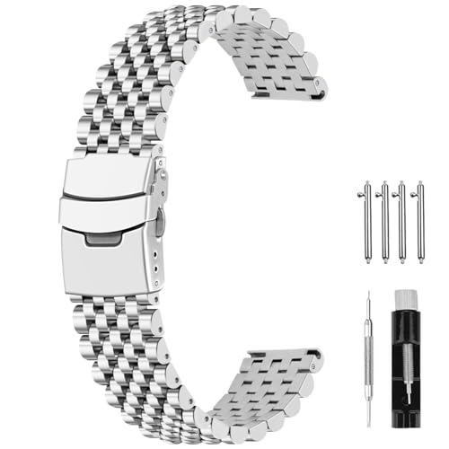 SINAIKE Gebürstet Poliert 20mm 22mm Metal Uhrenarmband für Herren Damen, 7 Perlen Schnellspanner verjüngte Edelstahl Uhrenarmbänder Armband Ersatz Armband mit Doppelverschlüssen Schwarz Silber von SINAIKE