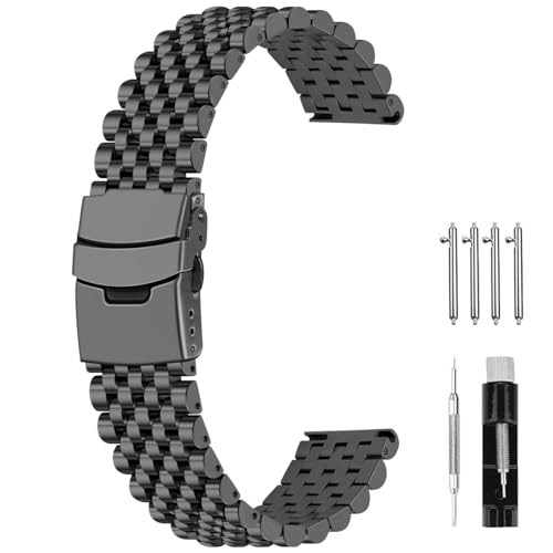 SINAIKE Gebürstet Poliert 20mm 22mm Metal Uhrenarmband für Herren Damen, 7 Perlen Schnellspanner verjüngte Edelstahl Uhrenarmbänder Armband Ersatz Armband mit Doppelverschlüssen Schwarz Silber von SINAIKE