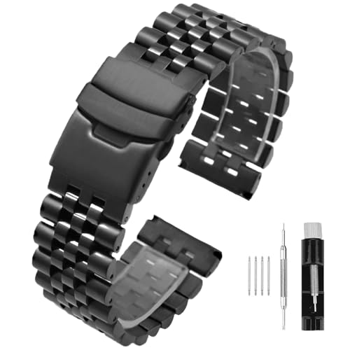 SINAIKE 20 mm Uhrenarmbänder Gebürstetes und poliertes 3D-Uhrenarmband aus massivem Edelstahl Jubilee-Uhrenarmband mit doppelter Faltschließe Schwarz von SINAIKE