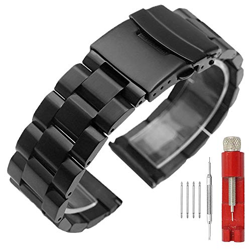 SINAIKE 24mm Black Matte Wrist Bracelet Top Grain Stainless Steel Replacement Watch Band with Double Locks von SINAIKE