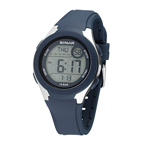SINAR Damenuhr Herrenuhr Jugend Armbanduhr Unisex Sportuhr Outdoor Digital Quarz 10 bar mit Silikonarmband, 5 Alarmen und Licht Dunkelblau XV-19-2 von SINAR