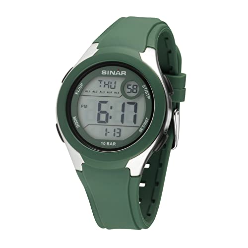 SINAR Damenuhr Herrenuhr Jugend Armbanduhr Unisex Sportuhr Outdoor Digital Quarz 10 bar mit Silikonarmband, 5 Alarmen und Licht Khaki Grün XV-19-3 SINAR Damenuhr Herrenuhr Jugend Armbanduhr Unisex Sportuhr Outdoor Digital Quarz 10 bar mit Silikonarmband, 5 Alarmen und Licht Khaki Grün XV-19-3 von SINAR