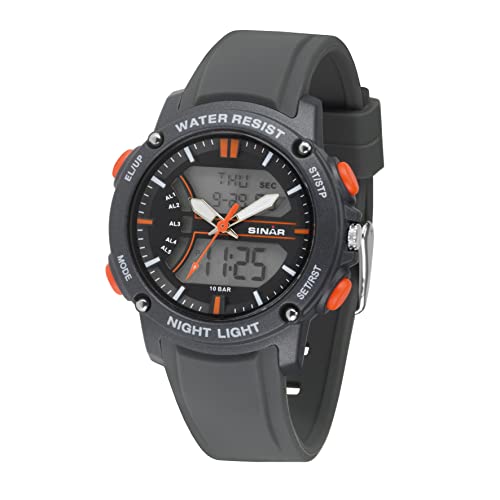 SINAR Jugend Armbanduhr Sportuhr Jungen Analog Digital Quarz 10 bar mit 5 Alarmen, EL-Licht und Silikonarmband Anthrazit Orange XW-27-9 von SINAR