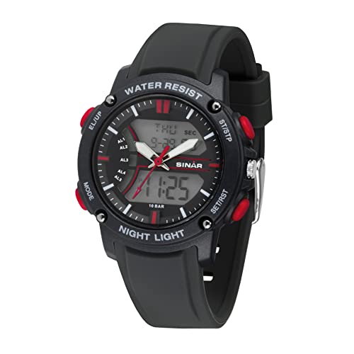 SINAR Jugend Armbanduhr Sportuhr Jungen Analog Digital Quarz 10 bar mit 5 Alarmen, EL-Licht und Silikonarmband Schwarz Rot XW-27-1 SINAR Jugend Armbanduhr Sportuhr Jungen Analog Digital Quarz 10 bar mit 5 Alarmen, EL-Licht und Silikonarmband Schwarz Rot XW-27-1 von SINAR