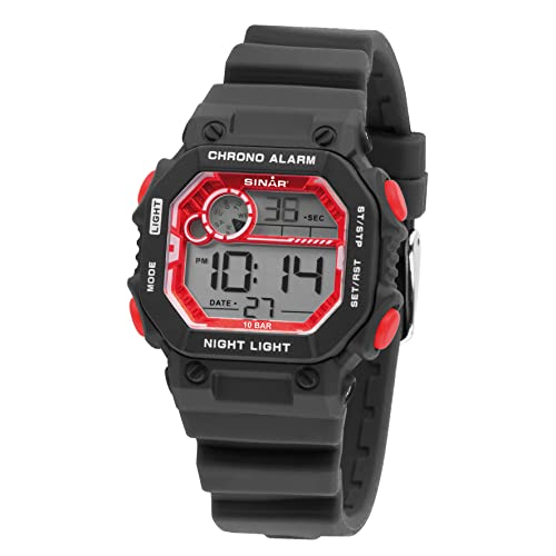 SINAR Jungenuhr Herrenuhr Jugend Armbanduhr Retro-Look Sportuhr Outdoor Digital Quarz 10 bar mit Silikonarmband und Licht Schwarz Rot XE-55-1 von SINAR