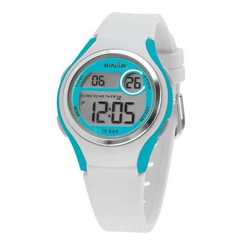 SINAR Mädchen Armbanduhr Jugend Sportuhr Fitness Outdoor Digital Quarz 10 Bar wasserdicht mit Licht und Silikonband Weiß Türkis XE-64-0 von SINAR