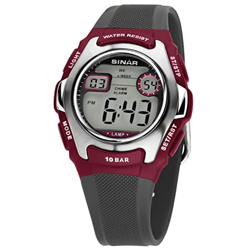 SINAR Mädchen-Armbanduhr Jugenduhr Sportuhr Outdoor Digital Quarz 10 bar mit Resinarmband und Licht Anthrazit Dunkelrot Silber XE-50-9 von SINAR