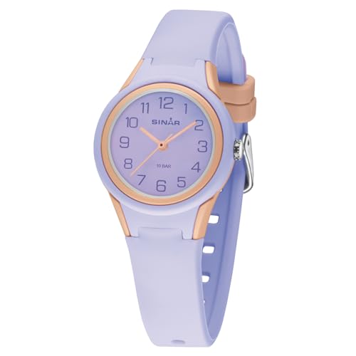 SINAR Mädchen Armbanduhr Sportuhr Fitness Analog Quarz 10 Bar wasserdicht Silikonband Flieder Apricot XB-47-17 von SINAR
