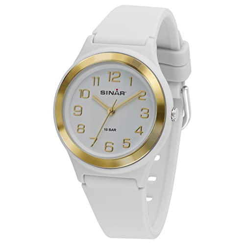 SINAR Mädchen-Armbanduhr Jugend Sportuhr Fitness Analog Quarz 10 Bar wasserdicht Weiss Gold XB-48-0 von SINAR