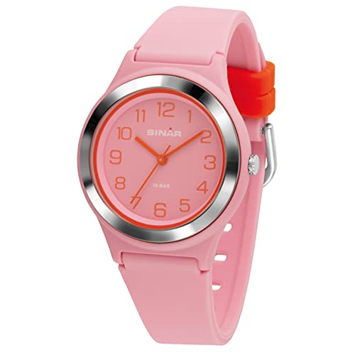 SINAR Mädchen-Armbanduhr Jugend Sportuhr Fitness Analog Quarz 10 Bar wasserdicht Rosa Orange XB-48-9 von SINAR