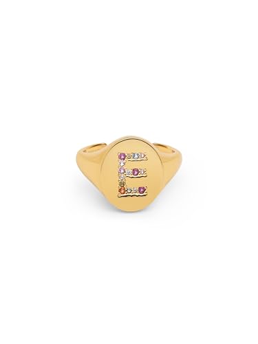 SINGULARU - Personalisierter Ring Signet Letter Colors. Messing mit 18 Kt Vergoldeter Beschichtung und Zirkonia. Schmuck für Damen. Buchstabe E. von SINGULARU