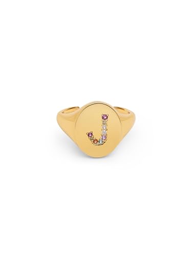 SINGULARU - Personalisierter Ring Signet Letter Colors. Messing mit 18 Kt Vergoldeter Beschichtung und Zirkonia. Schmuck für Damen. Buchstabe J. von SINGULARU