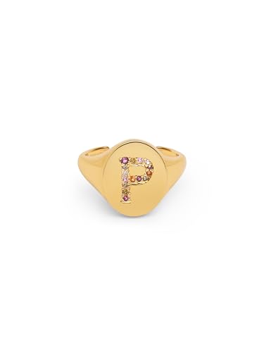SINGULARU - Personalisierter Ring Signet Letter Colors. Messing mit 18 Kt Vergoldeter Beschichtung und Zirkonia. Schmuck für Damen. Buchstabe P. von SINGULARU