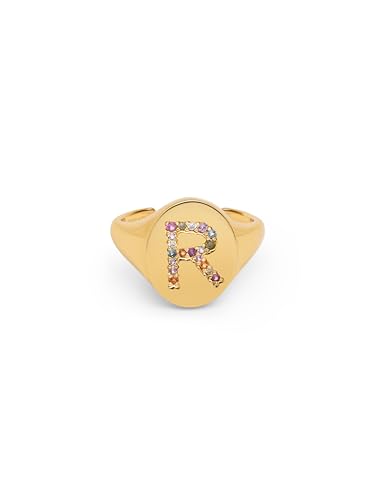 SINGULARU - Personalisierter Ring Signet Letter Colors. Messing mit 18 Kt Vergoldeter Beschichtung und Zirkonia. Schmuck für Damen. Buchstabe R. von SINGULARU