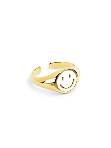 SINGULARU - Ring Smiley White Enamel Gold - Verstellbarer Ring - Messing mit 18kt Vergoldung. - Einheitsgröße - Damenschmuck von SINGULARU