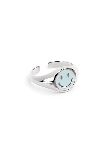 SINGULARU - Smiley Sky Enamel Ring - Verstellbarer Ring Größe 10 bis 16 - Messing mit Rhodiumbeschichtung und hellblauer Emaille - Einheitsgröße - Damenschmuck - Made in Europe von SINGULARU