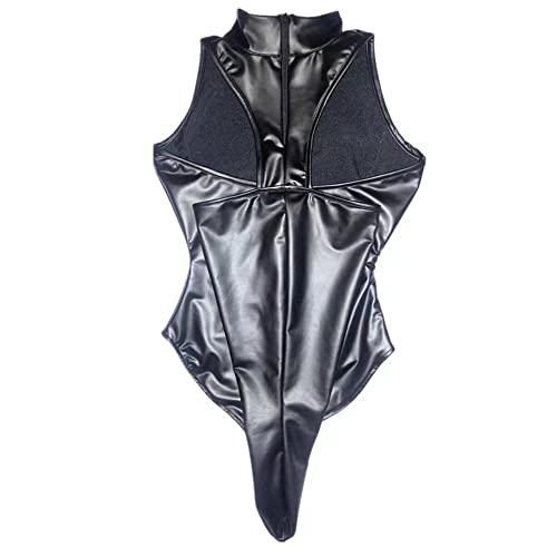 SINGUYUN Damen Leder Bodysuit Lace Up Dessous Set Teddy Einteiliges Leder Kleid Cosplay Dessous Clubwear Outfits (88005Schwarz) von SINGUYUN