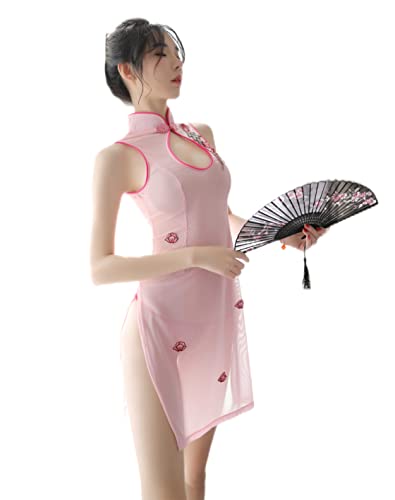 SINGUYUN Damen Sexy Cheongsam Cosplay Dessous Mesh Stickerei Kleid Babydoll Nachthemd Anzug, 1297Pink, Einheitsgröße von SINGUYUN