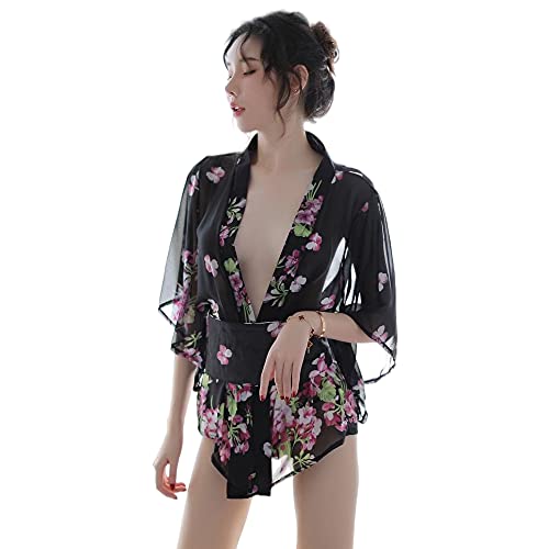 SINGUYUN Japanischer Kimono-Dessous für Damen, bedrucktes Kleid, Pyjama, Cosplay, Dessous-Set, sexy, Wwa9075black, Einheitsgröße von SINGUYUN