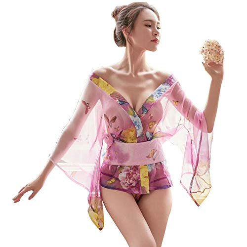 SINGUYUN Japanischer Kimono-Dessous für Damen, bedrucktes Kleid, Pyjama, Cosplay, Dessous-Set, sexy (LLT2213Pink) von SINGUYUN