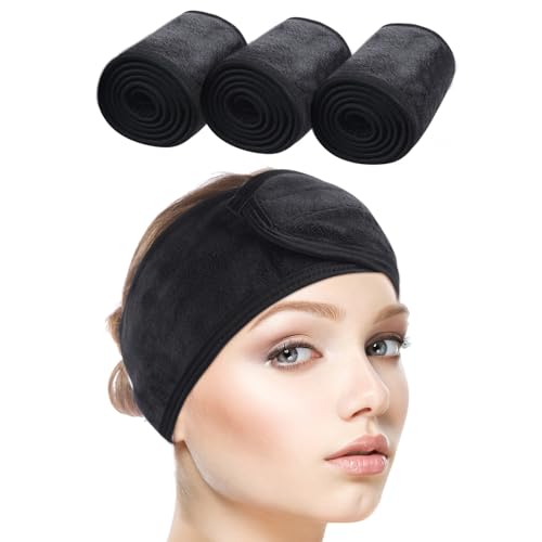 SINLAND 3 Stück Haarband für Make Up Kosmetik Stirnband Frottee Verstellbare Haarschutzband mit Klettverschluss für Gesicht Sport Yoga Spa Schwarz von SINLAND