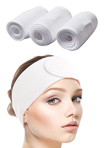 SINLAND 3 Stück Haarband für Make Up Kosmetik Stirnband Frottee Verstellbare Haarschutzband mit Klettverschluss für Gesicht Sport Yoga Spa Weiße von SINLAND