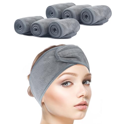 SINLAND Haarband für Make Up,Mikrofaser Haarband,Kosmetik Stirnband Frottee,Verstellbare Haarschutzband mit Klettverschluss Haarbänder kosmetik für Gesicht,Sport,Yoga,Spa,6 Stück Grau von SINLAND