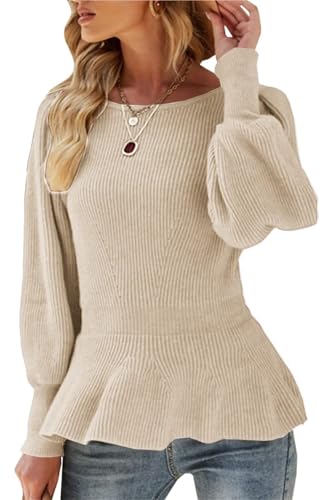 SINLEX Damen-Pullover mit Puffärmeln, Schößchen, lässige Slim-Fit-Strickpullover for den Herbst(Beige,M) von SINLEX