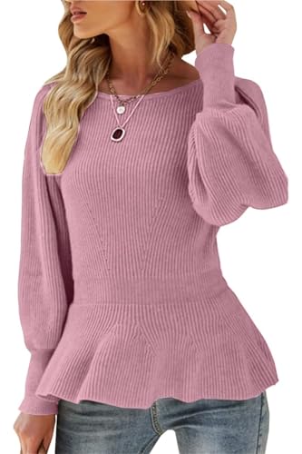 SINLEX Damen-Pullover mit Puffärmeln, Schößchen, lässige Slim-Fit-Strickpullover for den Herbst(Purple,S) von SINLEX