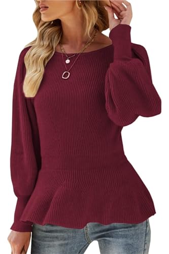 SINLEX Damen-Pullover mit Puffärmeln, Schößchen, lässige Slim-Fit-Strickpullover for den Herbst(Red,S) von SINLEX