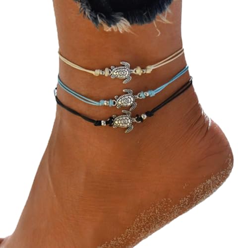 SINLOV 3-teiliges Schildkröten-Fußkettchen für Damen, gewebt, Fußkettchen, Boho, handgefertigt, zarter Fußschmuck für Frauen von SINLOV