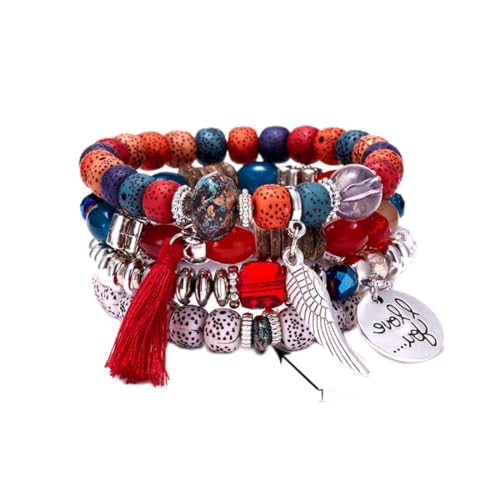 SINLOV Boho 4 Stück Quaste Türkis Armband Blatt Perlen Armreif Armband Kristall Hand Armband Charm Verstellbarer Schmuck zierlicher Handschmuck für Frauen (Rot) von SINLOV
