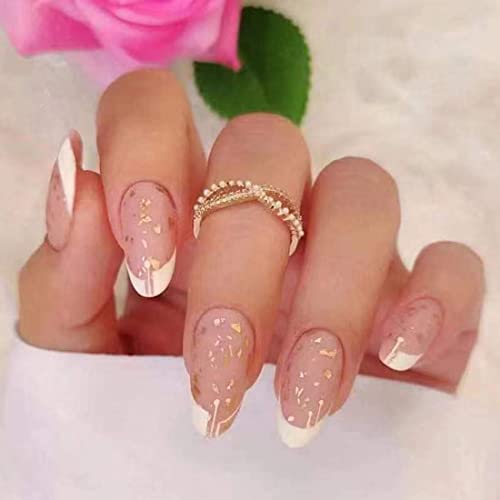 SINLOV Falsche Mandelnägel mit Goldblatt Nude Pink Glitter Ovale Falsche Nägel 24PCS Französische Vollabdeckung Falsche Nägel Acryldruck auf Nägeln für Frauen Mädchen von SINLOV