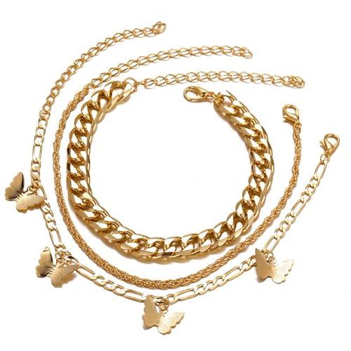 SINLOV Fußkettchen im Vintage-Stil, Schmetterlingsmotiv, goldfarben, dicke Kette, Strand-Knöchelarmband, Charm, Bohemia, zierlicher Fußschmuck für Damen, 3 Stück, Zink von SINLOV