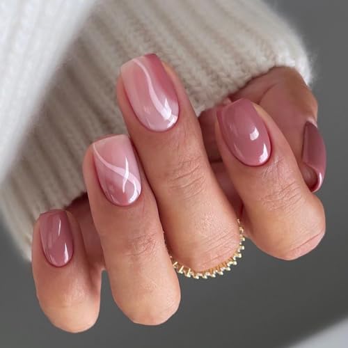 SINLOV Künstliche Fingernägel, mittelgroß, quadratisch, rosa, nackt, französische Nägel, glänzend, volle Abdeckung, künstliche Nägel, zum Drücken auf Nägel für Frauen und Mädchen von SINLOV