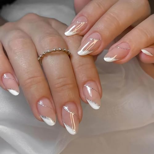 SINLOV Mandel Falsche Nägel Glitzer Drücken Sie auf Nägel Nude Lange Acryl Kunst Full Cover Fake Nails Rosa Farbverlauf Französisch Fake Nails für Frauen und Mädchen von SINLOV